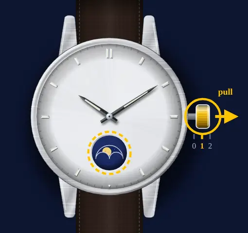 Casio three-hand moon phase (module 5722, e.g. MTP-M100) drawing: crown pulled out to position 1, the moon window highlighted