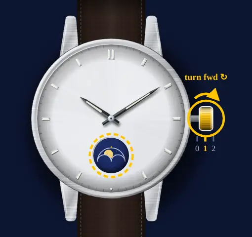 Casio three-hand moon phase (module 5722, e.g. MTP-M100) drawing: crown in position 1, turned forwards, the moon window highlighted