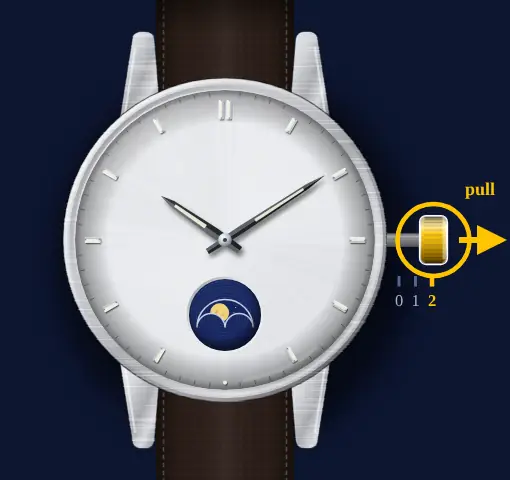 Casio three-hand moon phase (module 5722, e.g. MTP-M100) drawing: crown pulled out to position 2