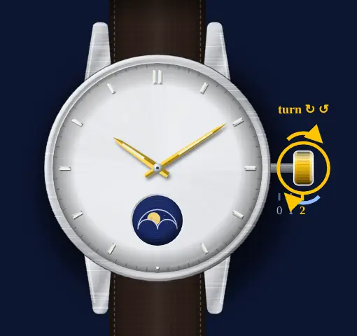 Casio three-hand moon phase (module 5722, e.g. MTP-M100) drawing: crown in position 2, turned either way, the hands highlighted