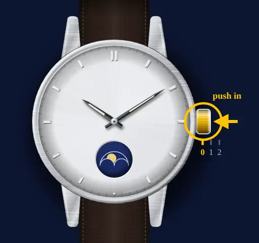 Casio three-hand moon phase (module 5722, e.g. MTP-M100) drawing: crown pushed back in to position 0
