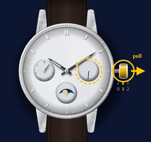 Casio moon phase with day and date dials (module 3744, e.g. MTP-M300) drawing: crown pulled out to position 1, the date highlighted