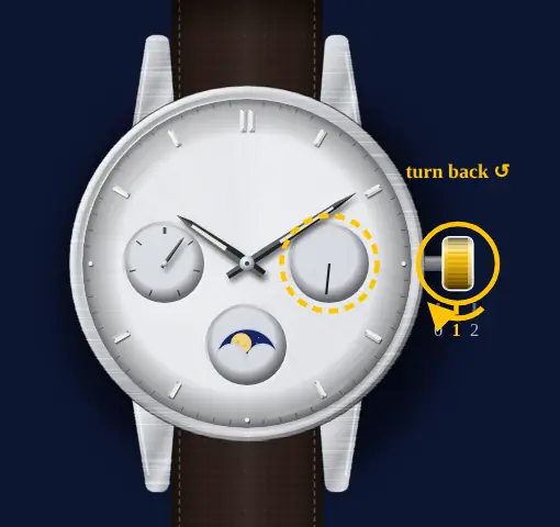 Casio moon phase with day and date dials (module 3744, e.g. MTP-M300) drawing: crown in position 1, turned backwards, the date highlighted