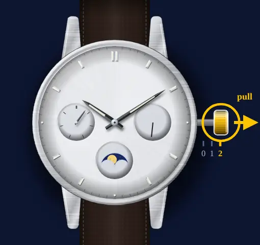 Casio moon phase with day and date dials (module 3744, e.g. MTP-M300) drawing: crown pulled out to position 2