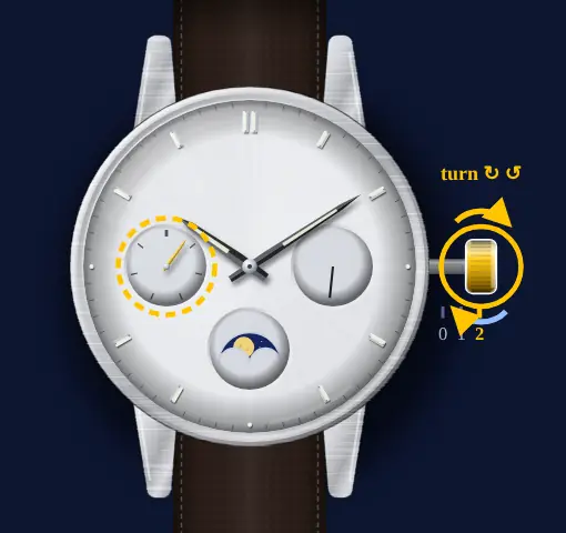 Casio moon phase with day and date dials (module 3744, e.g. MTP-M300) drawing: crown in position 2, turned either way, the day highlighted