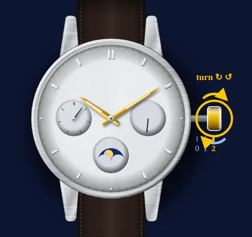 Casio moon phase with day and date dials (module 3744, e.g. MTP-M300) drawing: crown in position 2, turned either way, the hands highlighted