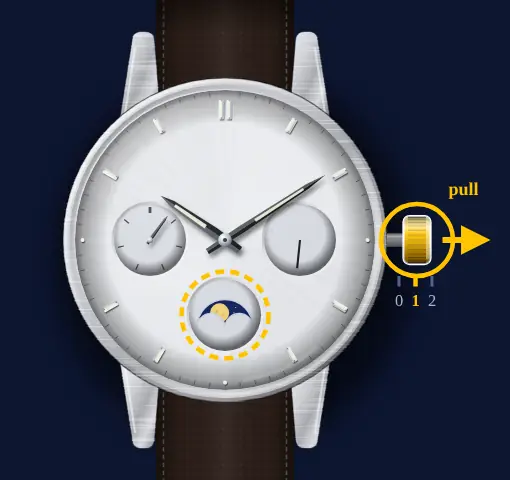 Casio moon phase with day and date dials (module 3744, e.g. MTP-M300) drawing: crown pulled out to position 1, the moon window highlighted