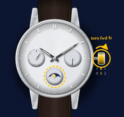 Casio moon phase with day and date dials (module 3744, e.g. MTP-M300) drawing: crown in position 1, turned forwards, the moon window highlighted