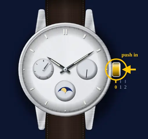 Casio moon phase with day and date dials (module 3744, e.g. MTP-M300) drawing: crown pushed back in to position 0