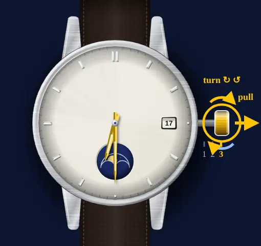 Generic watch drawing: crown pulled out to position 3, turned either way, the hands highlighted