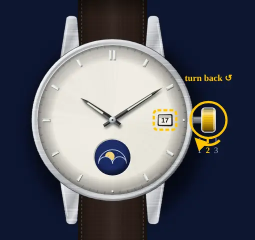 Generic watch drawing: crown in position 2, turned backwards, the date highlighted