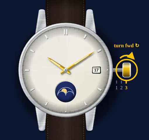 Generic watch drawing: crown in position 3, turned forwards, the hands highlighted