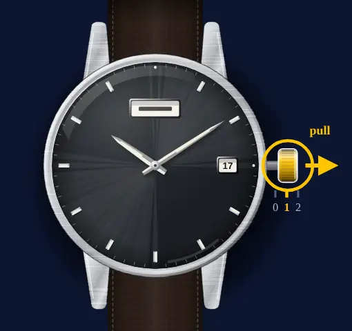 Seiko 5 Sports with calibre 4R36 (day, date, automatic) drawing: crown pulled out to position 1