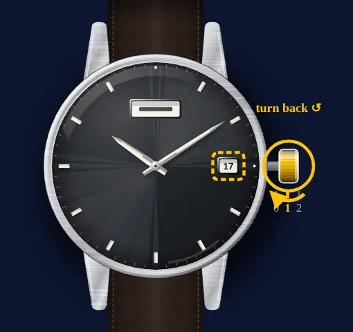 Seiko 5 Sports with calibre 4R36 (day, date, automatic) drawing: crown in position 1, turned backwards, the date highlighted