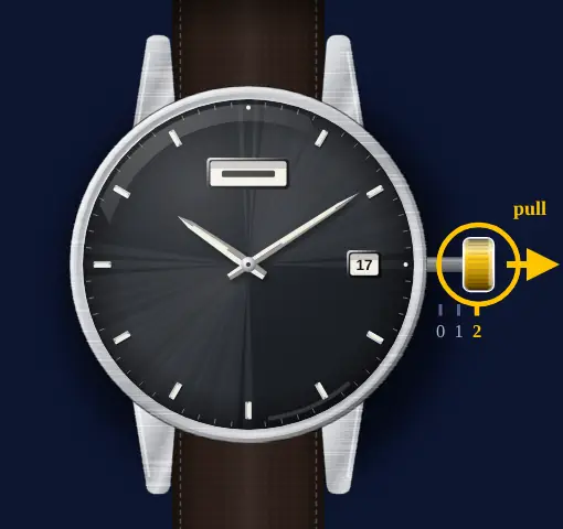 Seiko 5 Sports with calibre 4R36 (day, date, automatic) drawing: crown pulled out to position 2