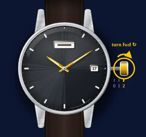 Seiko 5 Sports with calibre 4R36 (day, date, automatic) drawing: crown in position 2, turned forwards, the hands highlighted
