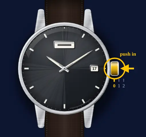 Seiko 5 Sports with calibre 4R36 (day, date, automatic) drawing: crown pushed back in to position 0