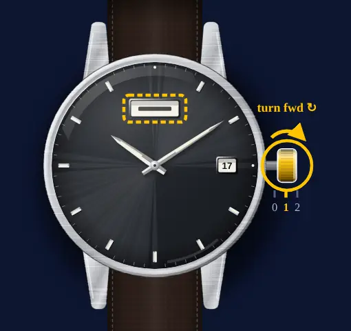 Seiko 5 Sports with calibre 4R36 (day, date, automatic) drawing: crown in position 1, turned forwards, the day highlighted