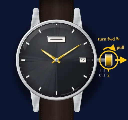 Seiko 5 Sports with calibre 4R36 (day, date, automatic) drawing: crown pulled out to position 2, turned forwards, the hands highlighted