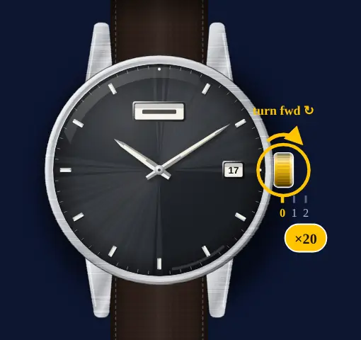 Seiko 5 Sports with calibre 4R36 (day, date, automatic) drawing: crown in position 0, turned forwards
