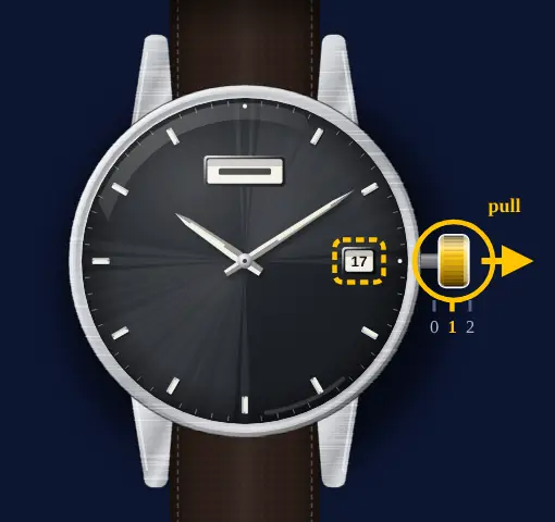 Seiko 5 Sports with calibre 4R36 (day, date, automatic) drawing: crown pulled out to position 1, the date highlighted