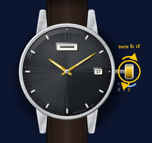 Seiko 5 Sports with calibre 4R36 (day, date, automatic) drawing: crown in position 2, turned either way, the hands highlighted